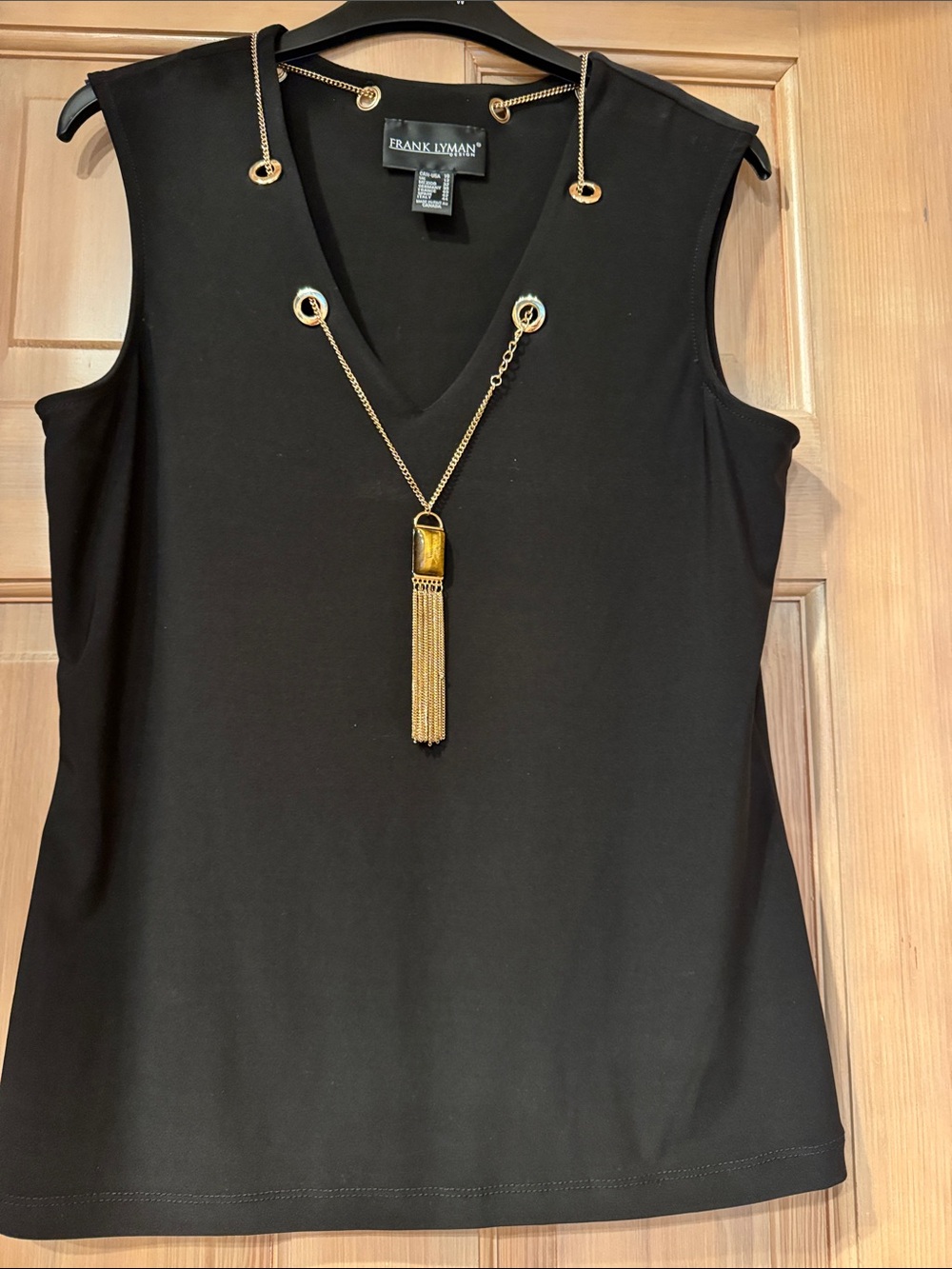 Frank Lyman Design Black V-Neck Sleeveless Top with Gold Accent